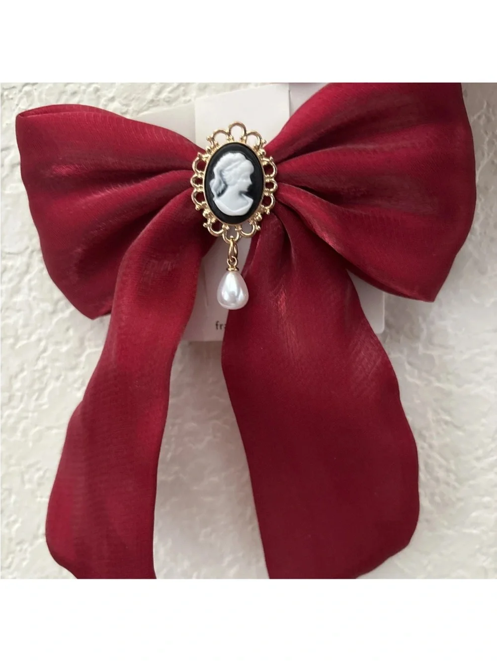 Francesca's Collections Deep Red Clip Bow Brooch with Cameo Accent